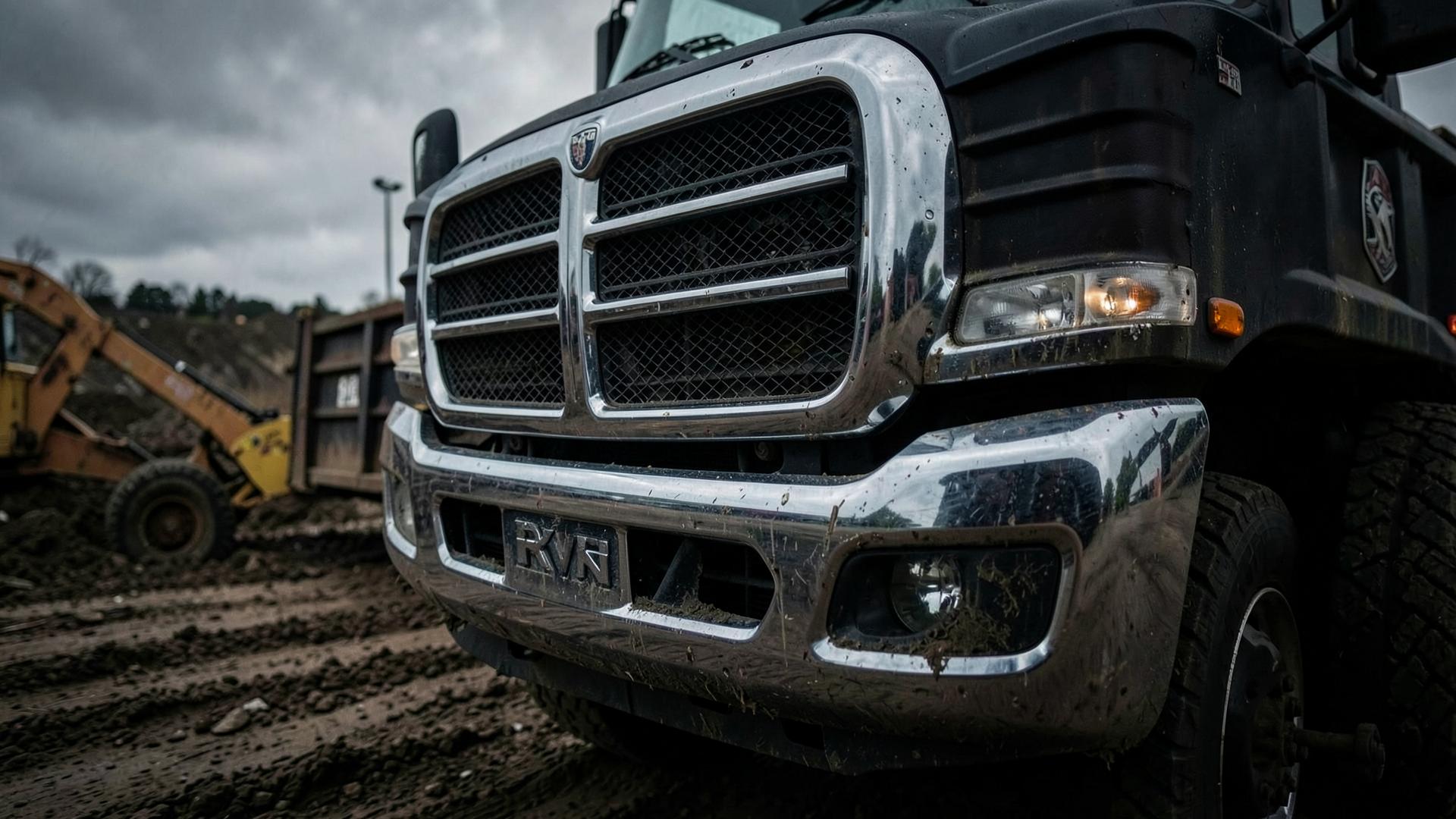 Front grille of a dump truck on a job site