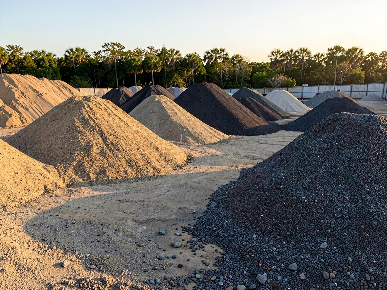 Piles of sand, base rock, and gravel at a Florida material yard